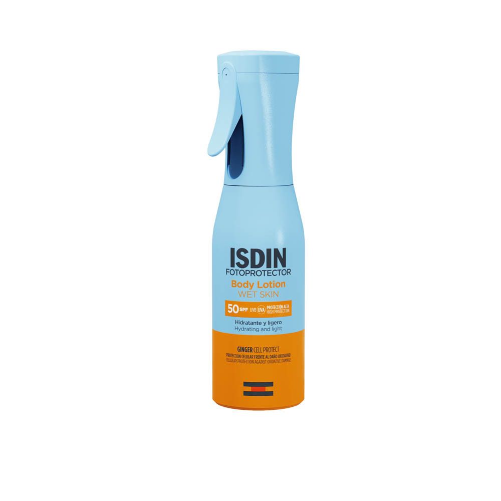 Flacon bleu clair avec vaporisateur. Base orange. Inscriptions ISDIN, Fotoprotector, Body Lotion, Wet Skin, SPF50.