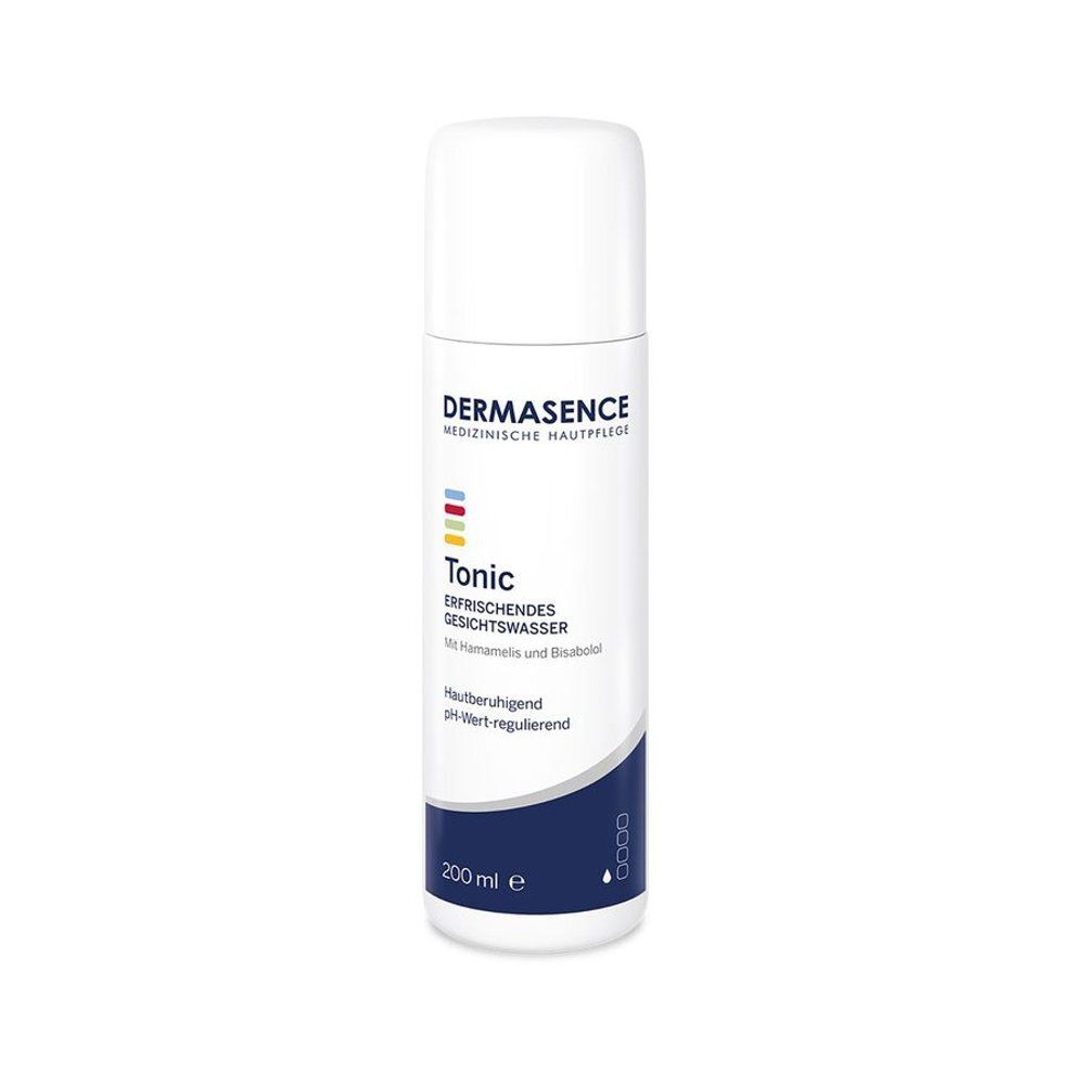 Flacon blanc et bleu avec bouchon blanc. Inscription: Dermasence Tonic. Bandes colorées. Texte: Eau rafraîchissante.