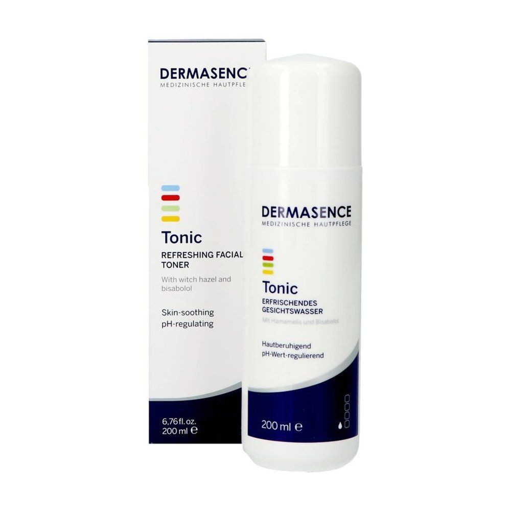 Flacon et emballage du produit. Inscription: Dermasence Tonic. Texte: Refreshing Facial Toner. Bandes colorées. 200 ml.