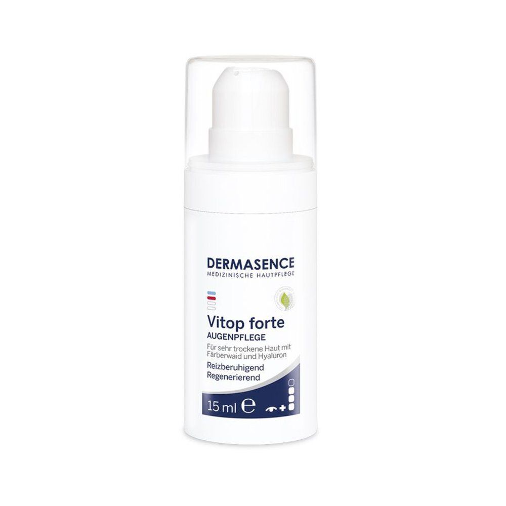 Flacon blanc avec pompe. Inscription: Dermasence Vitop forte Soin Contour des Yeux. 15 ml.