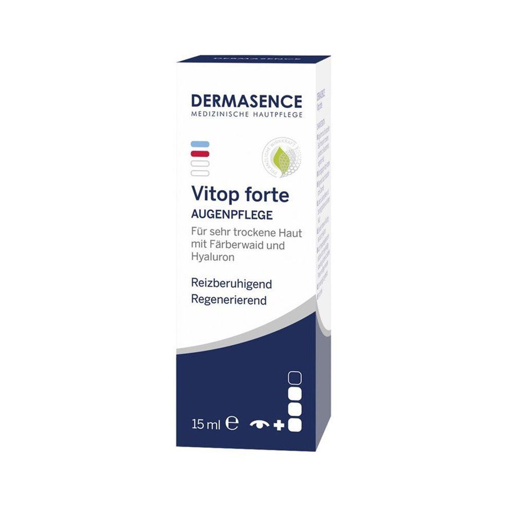 Emballage blanc avec inscription: Dermasence Vitop forte Soin Contour des Yeux. 15 ml.
