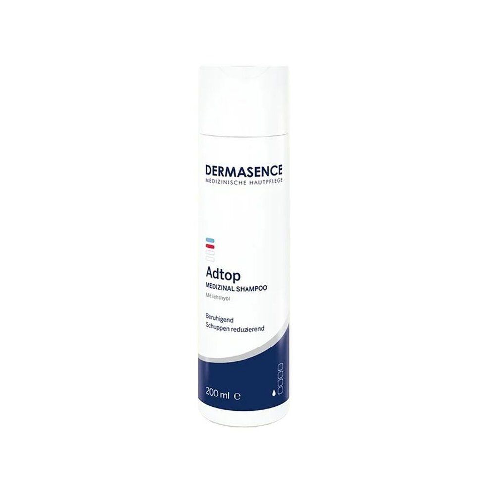 Flacon blanc de Dermasence Adtop Shampooing Médicinal. Forme cylindrique, bande bleue, texte visible.