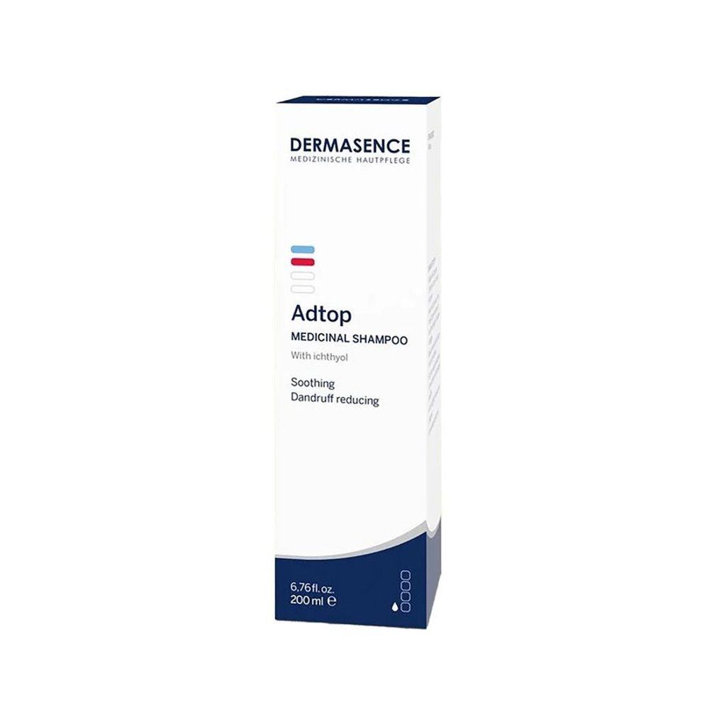 Emballage blanc de Dermasence Adtop Shampooing Médicinal. Nom et description du produit. Accents bleus.