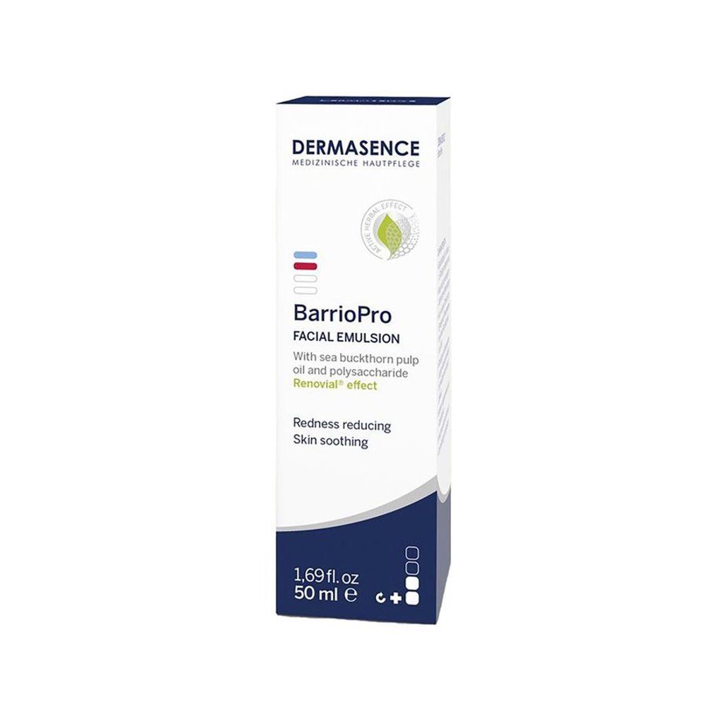 Emballage blanc avec informations produit. Inscription: Dermasence, BarrioPro, 50 ml, 1.69 fl.oz. Texte en anglais.