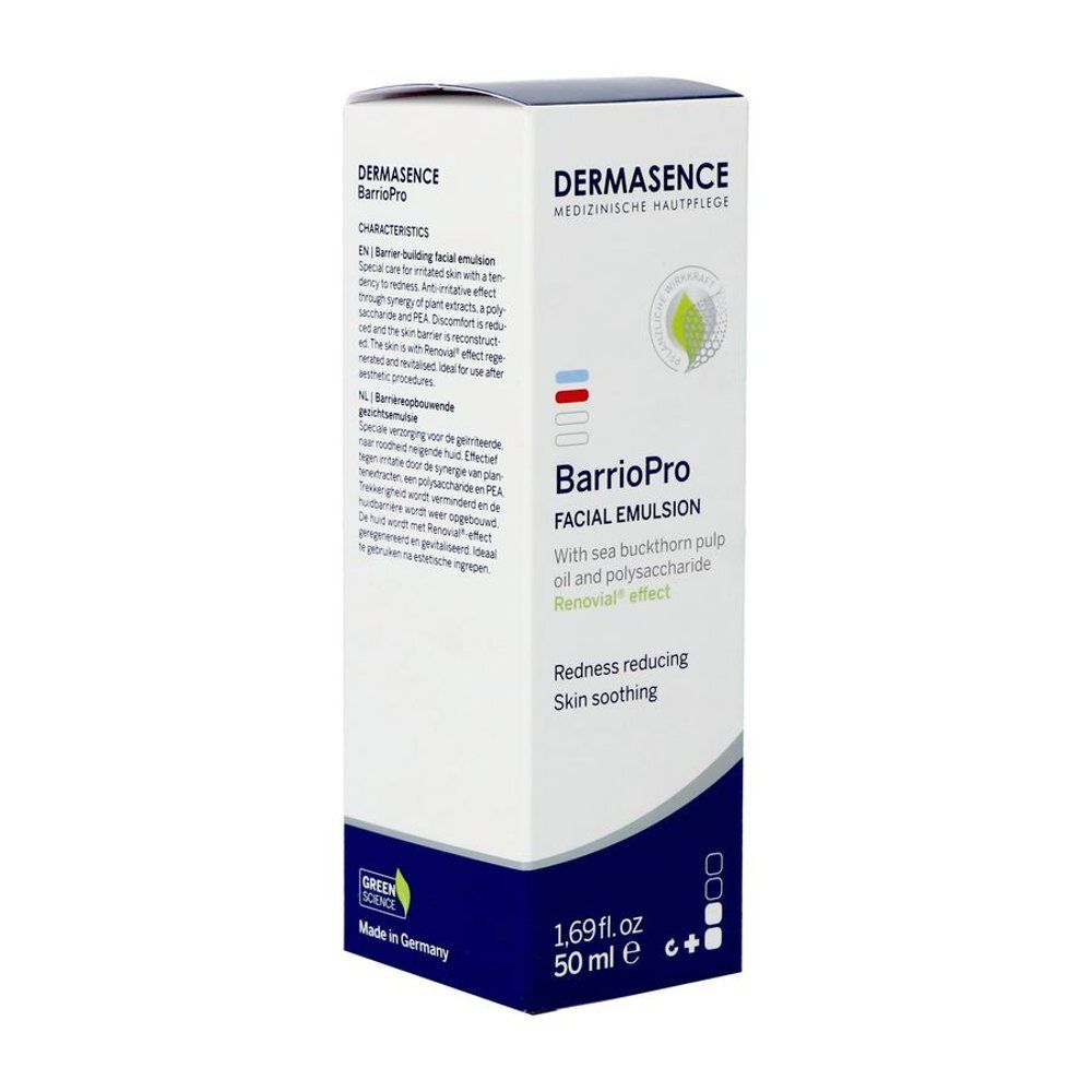 Emballage blanc avec informations produit. Inscription: Dermasence, BarrioPro, 50 ml, 1.69 fl.oz. Texte en anglais et allemand.