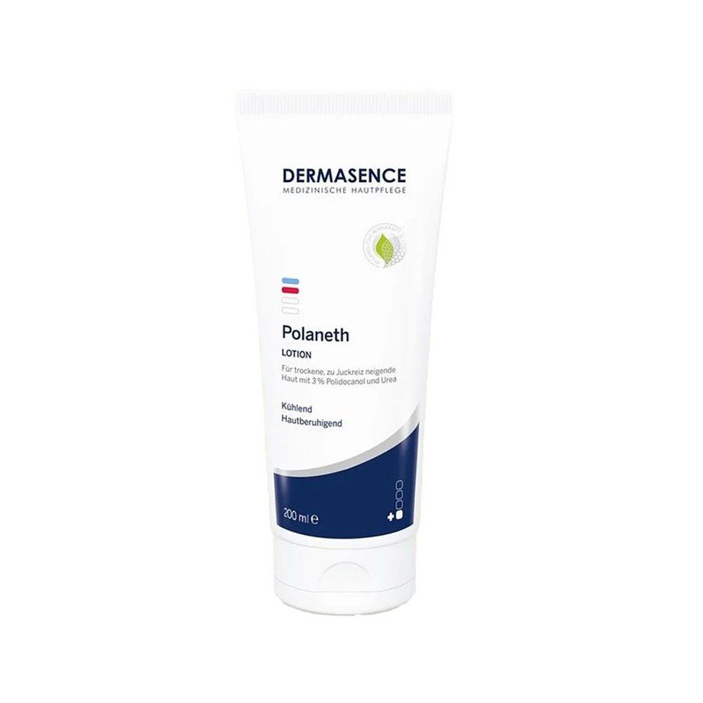 Tube blanche Dermasence Polaneth Lotion. Texte : Rafraîchissant, apaisant. 200 ml.
