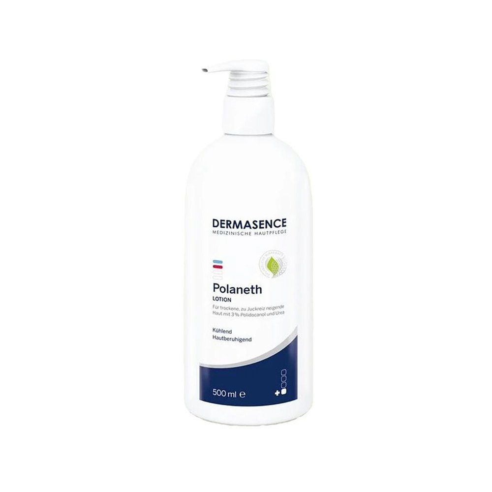 Flacon blanc Dermasence Polaneth Lotion. Avec pompe. 500 ml.