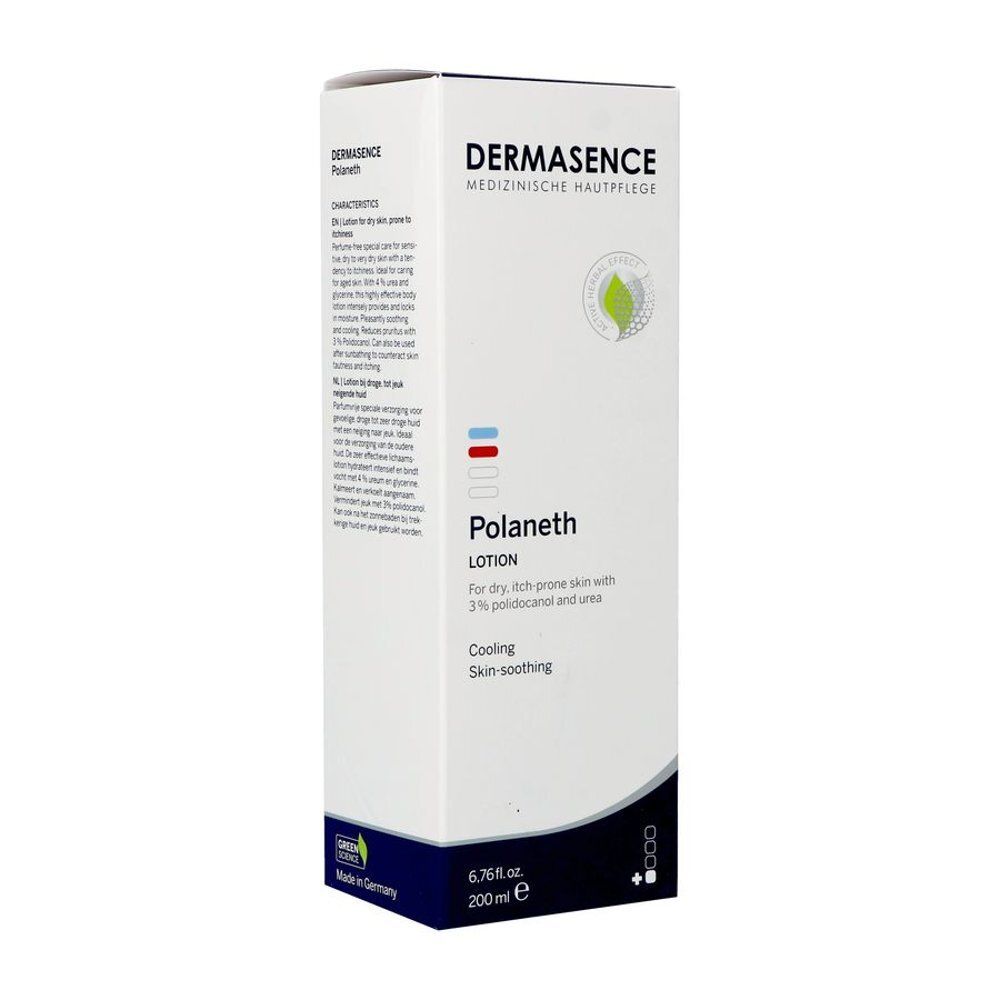 Boîte Dermasence Polaneth Lotion. Texte : Pour peaux sèches et sujettes aux démangeaisons. 200 ml.