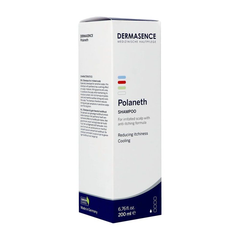 Emballage blanc Dermasence Polaneth Shampooing. Texte: Shampooing, contre le cuir chevelu qui démange, rafraîchissant. 200 ml. Fabriqué en Allemagne.