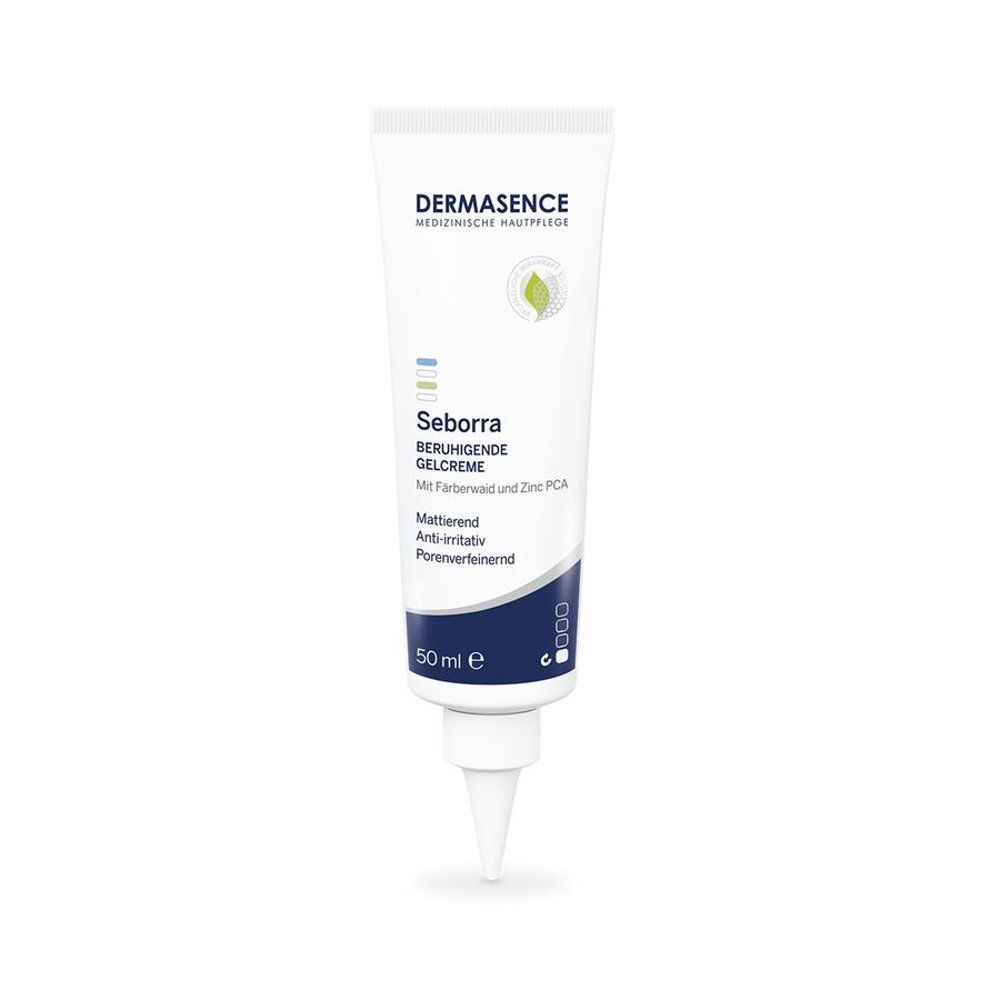 Tube blanche et bleue avec nom et logo du produit. Contient 50 ml. Texte : Seborra, gel-crème apaisant, matifiant, anti-irritant, affinant les pores.