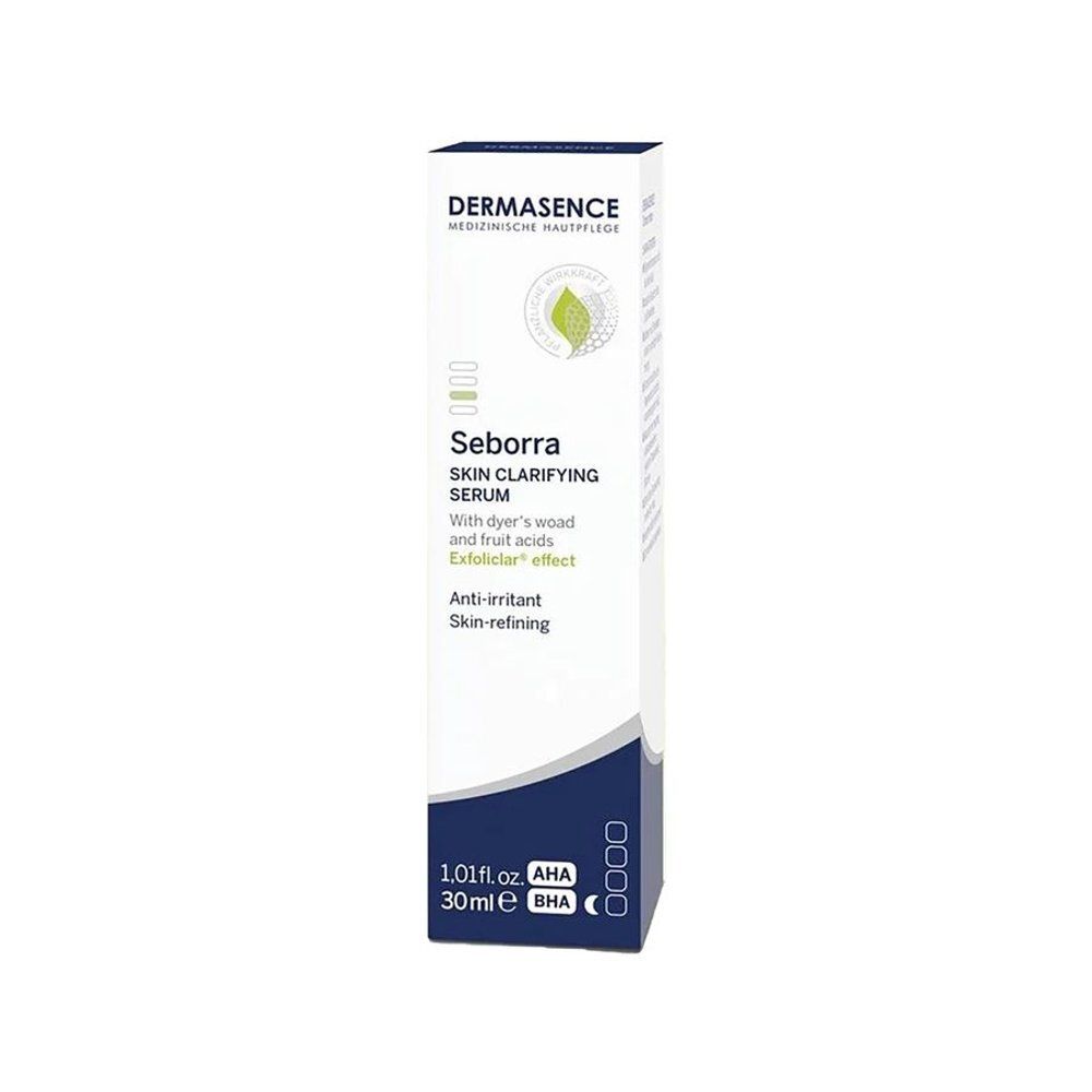 Boîte Dermasence Seborra. Inscription: Seborra Skin Clarifying Serum, 30ml, AHA, BHA.