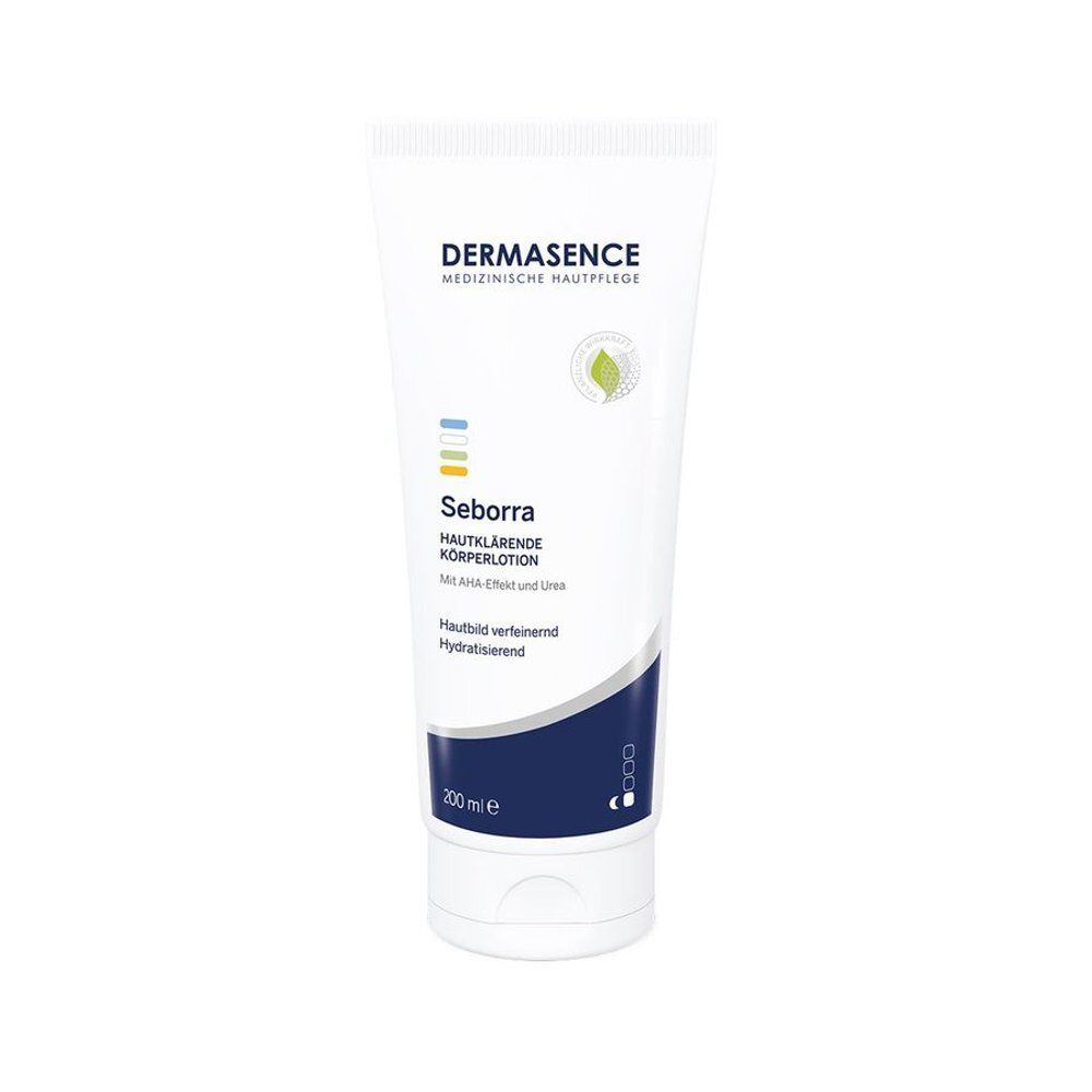 Tube blanche Dermasence Seborra Lotion. Texte: Lotion corporelle clarifiante. 200 ml. Logo et texte.