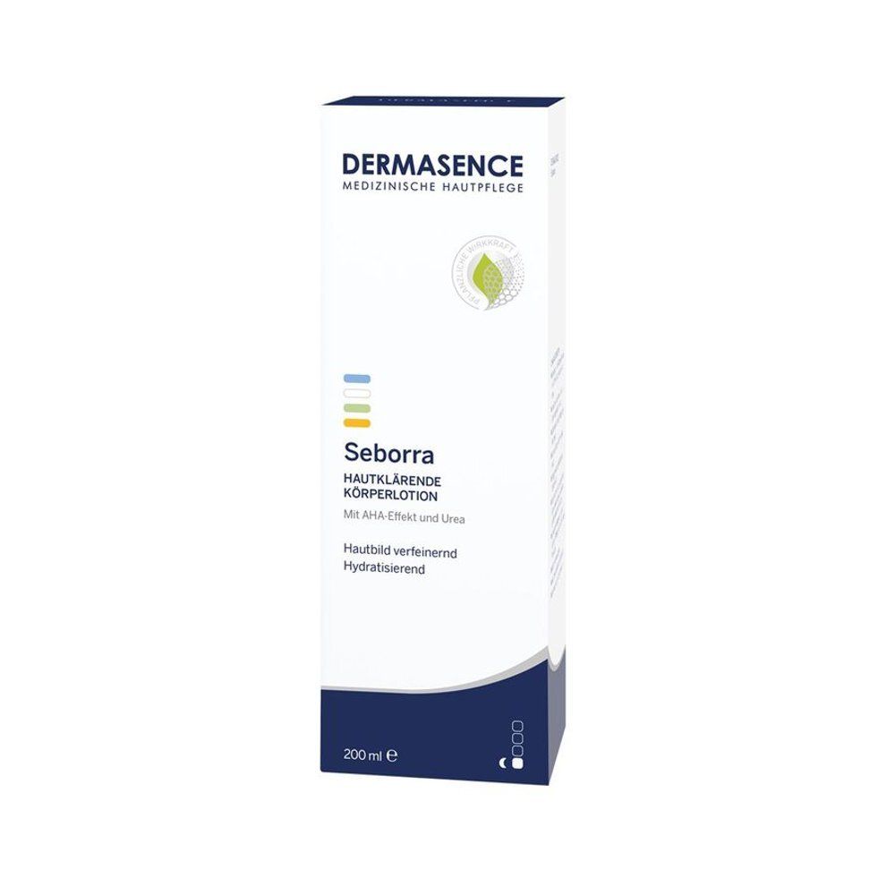Emballage blanc Dermasence Seborra Lotion. Texte: Lotion corporelle clarifiante. 200 ml. Logo et texte.
