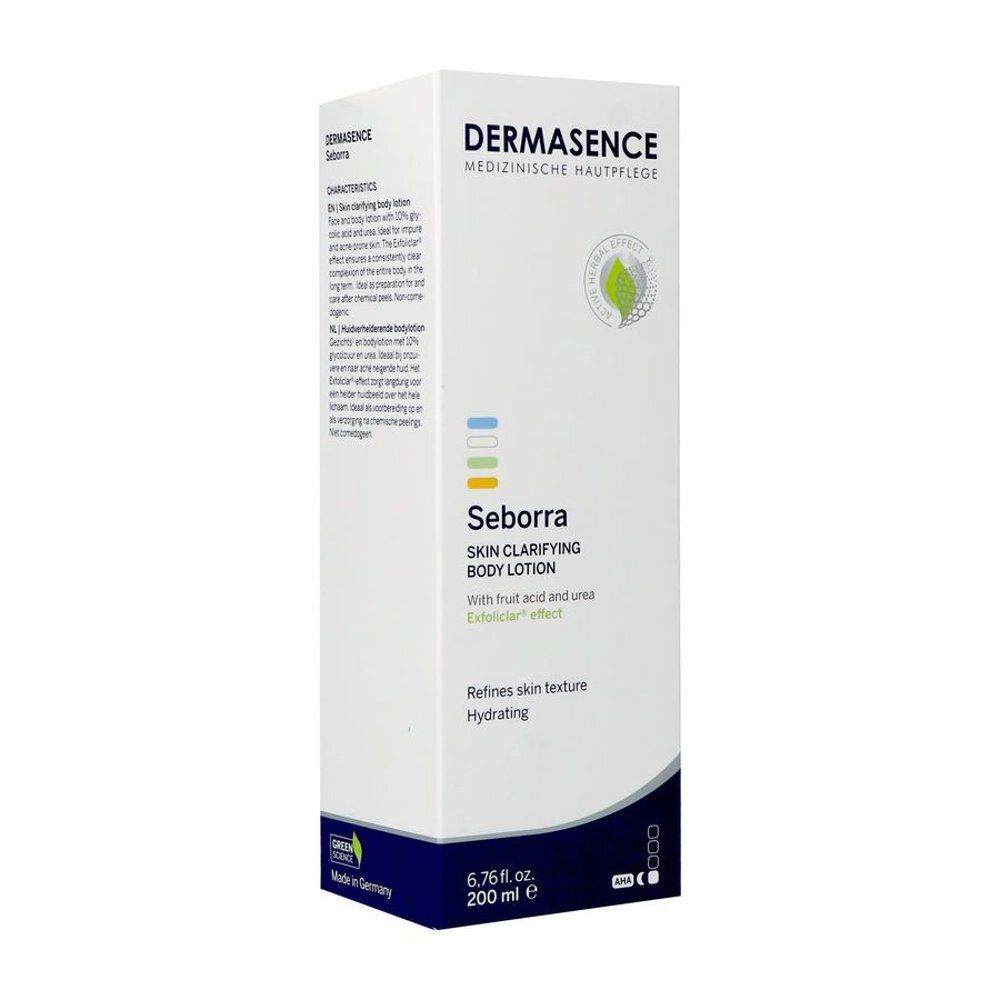 Emballage Dermasence Seborra Lotion. Texte: Lotion corporelle clarifiante. 200 ml. Logo et texte.