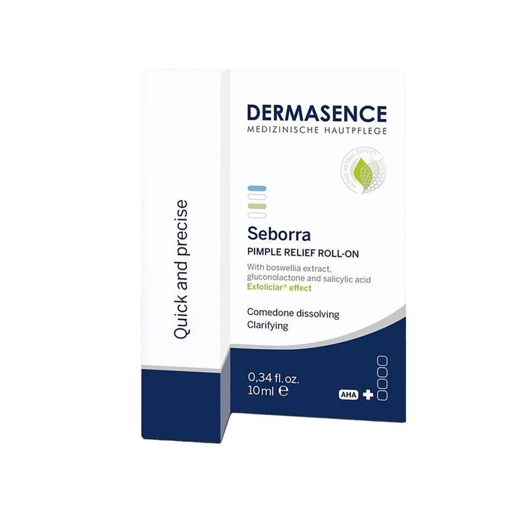 Dermasence Seborra Pimple Relief Roll-on. Emballage blanc avec informations produit. Logo feuille. Texte: Quick and precise.