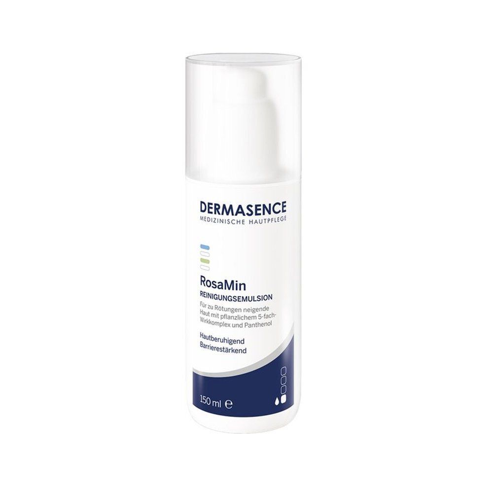 Flacon blanc avec pompe. Inscription : Dermasence, RosaMin Émulsion Nettoyante. 150 ml.