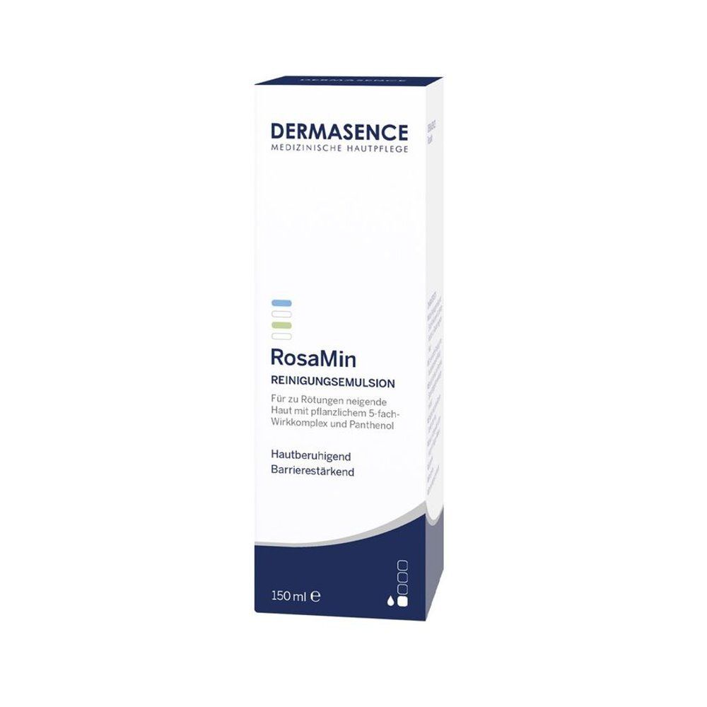 Emballage blanc avec nom du produit RosaMin Émulsion Nettoyante. Marque : Dermasence. 150 ml.