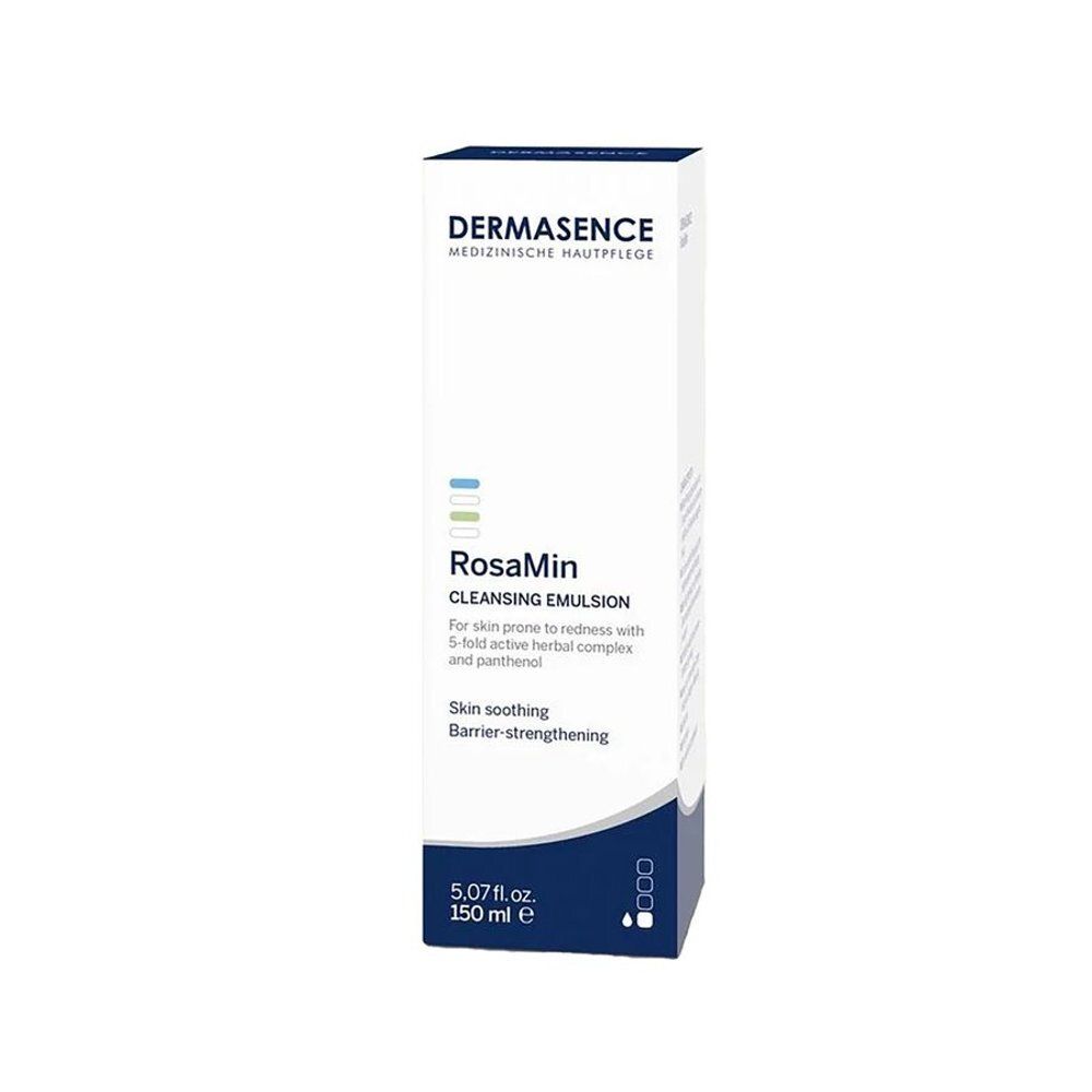 Emballage blanc avec nom du produit RosaMin Émulsion Nettoyante. Marque : Dermasence. 150 ml.