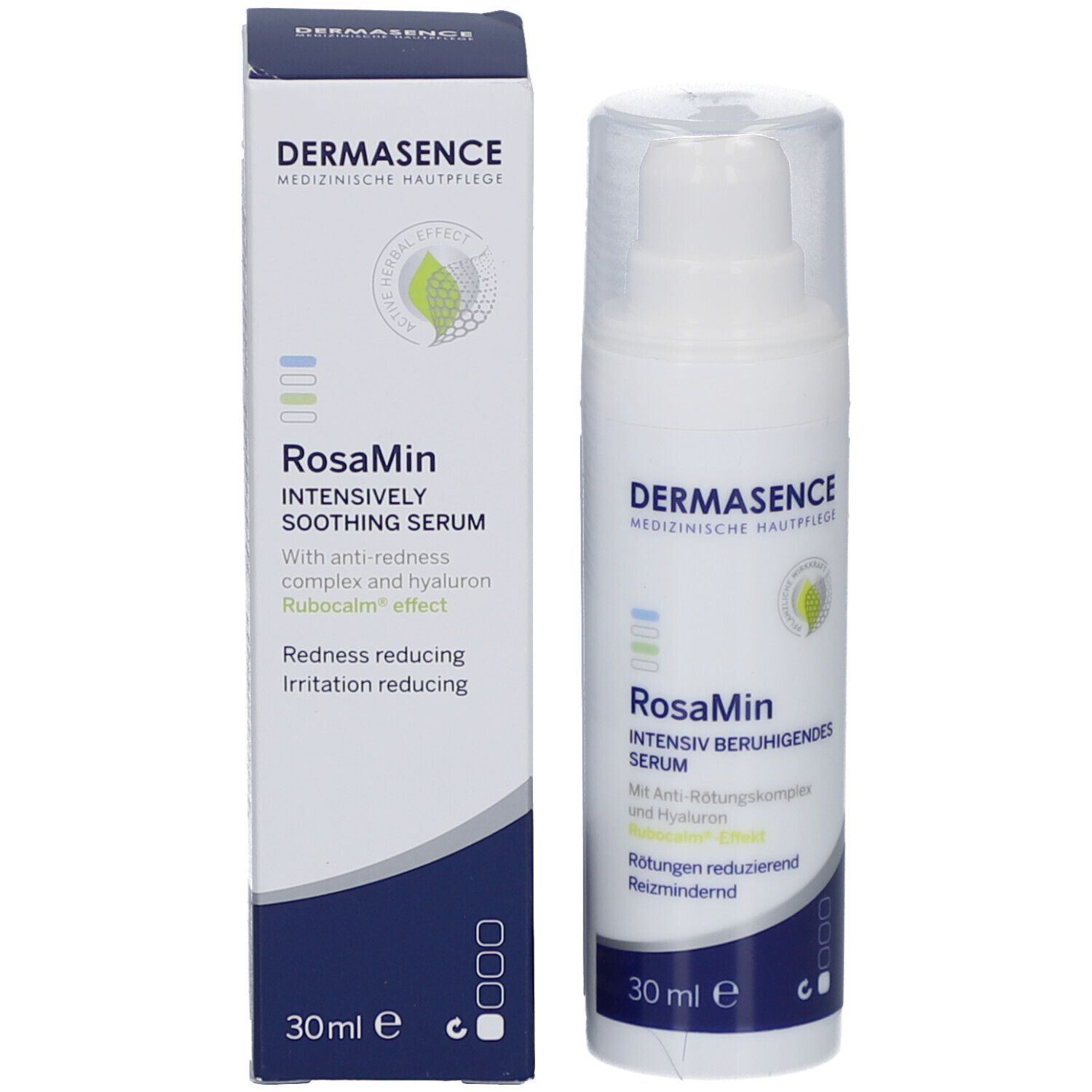 Produit et emballage côte à côte. Inscription : Dermasence RosaMin, 30 ml.