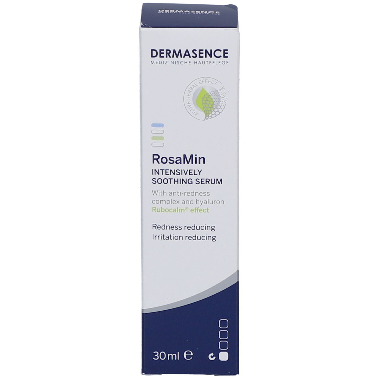 Emballage avec informations sur le produit. Inscription : Dermasence RosaMin, 30 ml.