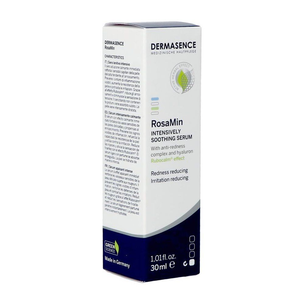 Emballage blanc avec informations sur le produit. Inscription : Dermasence RosaMin, 30 ml.