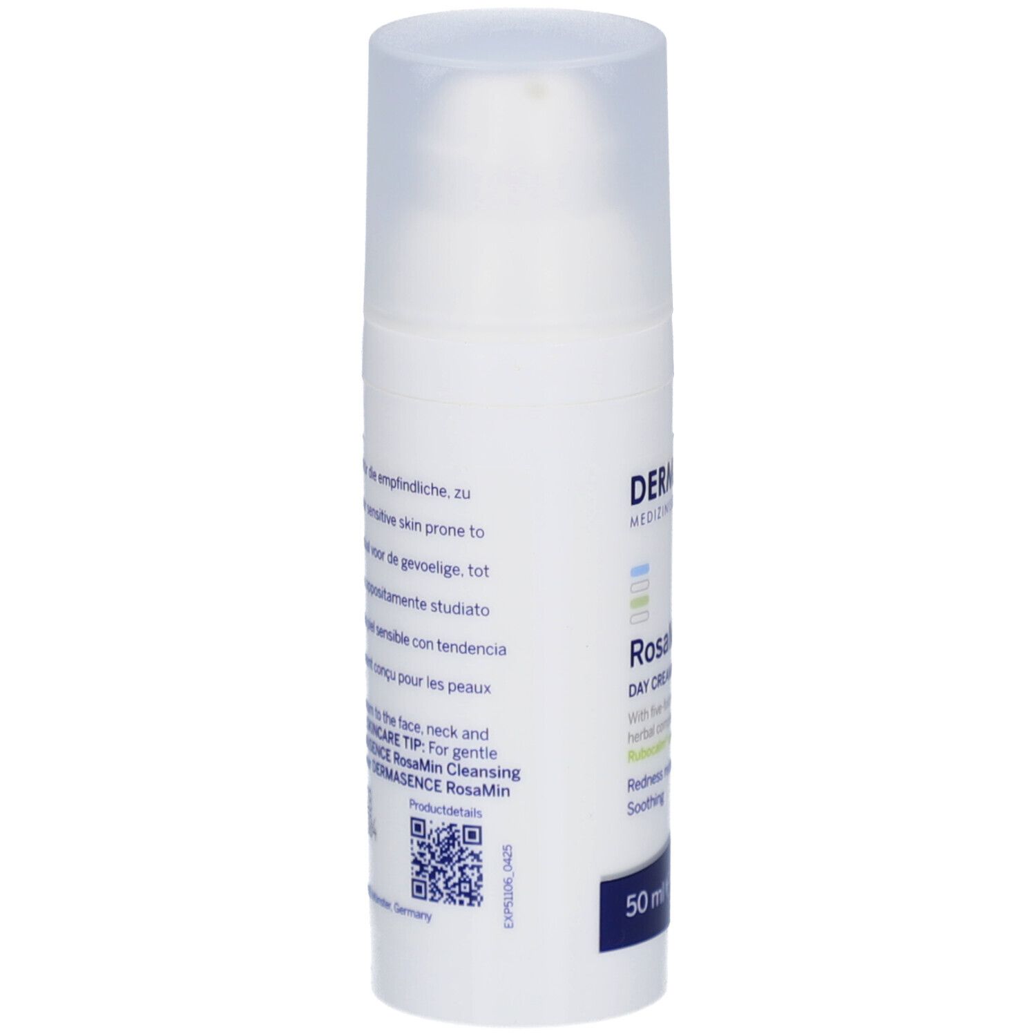 Flacon blanc avec pompe doseuse. RosaMin Crème de jour SPF50. Marque Dermasence.