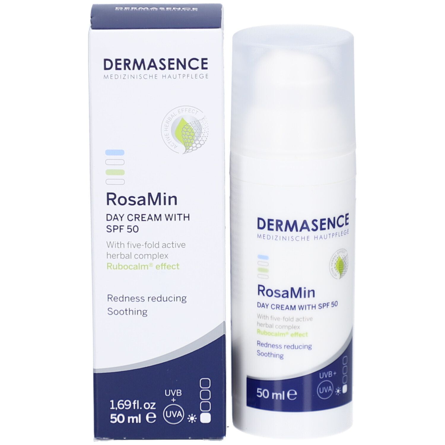 Emballage et flacon. RosaMin Crème de jour SPF50. Marque Dermasence.