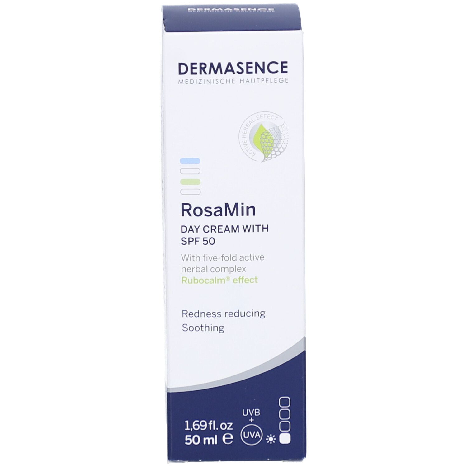 Emballage du produit. RosaMin Crème de jour SPF50. Marque Dermasence.
