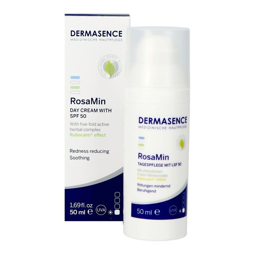 Emballage et flacon. RosaMin Crème de jour SPF50. Marque Dermasence.