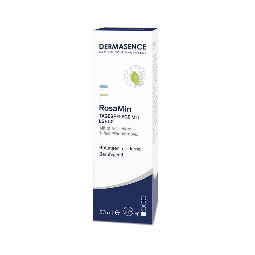 Emballage du produit. RosaMin Crème de jour SPF50. Marque Dermasence.
