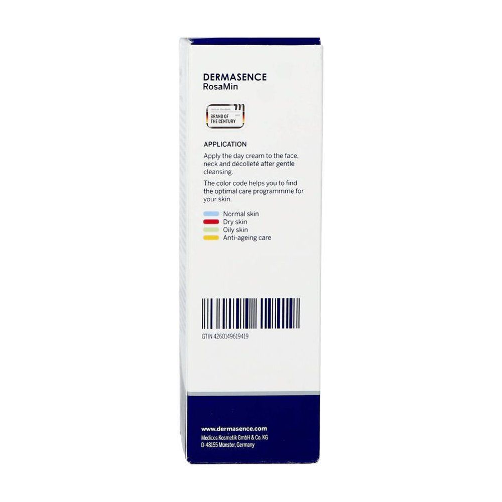 Emballage du produit. Texte en néerlandais. RosaMin Crème de jour SPF50. Dermasence.