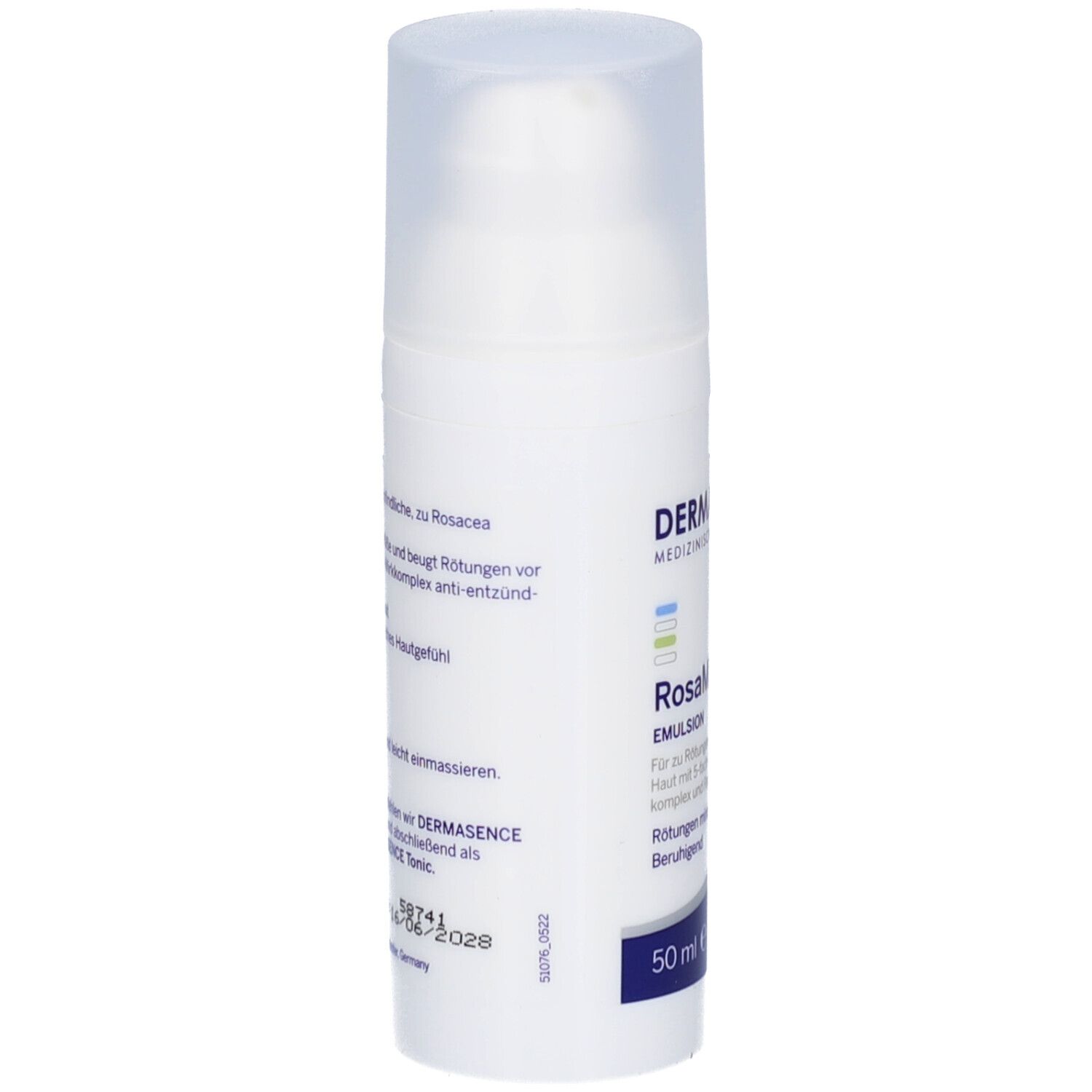 Flacon blanc avec pompe. RosaMin Emulsion. 50 ml. Logo Dermasence.