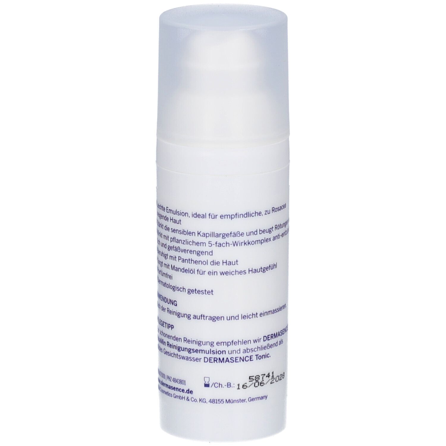 Flacon blanc avec pompe. RosaMin Emulsion. 50 ml. Logo Dermasence.