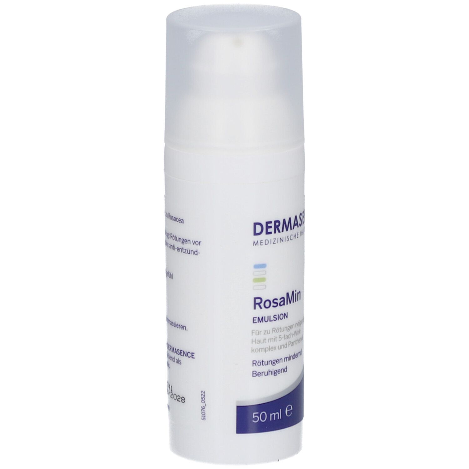 Flacon blanc avec pompe. RosaMin Emulsion. 50 ml. Logo Dermasence.