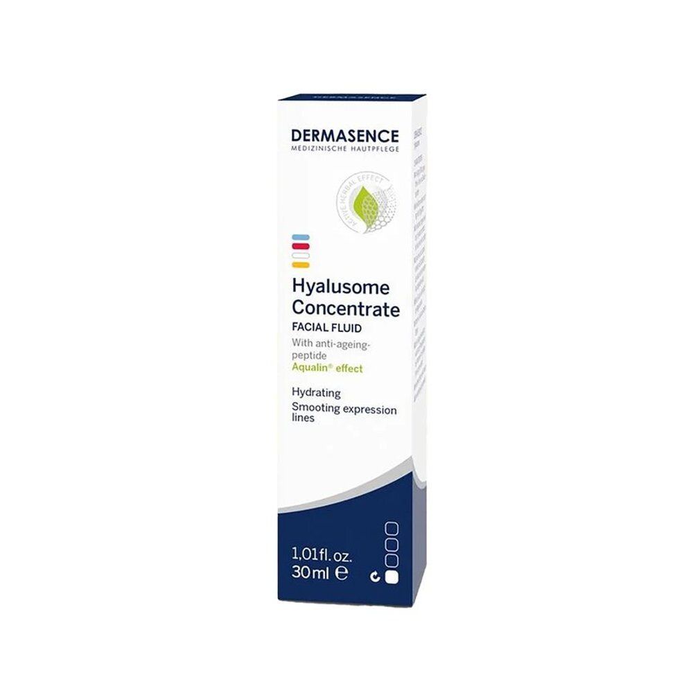 Emballage blanc avec nom du produit: Dermasence Hyalusome Concentrate. 30 ml.