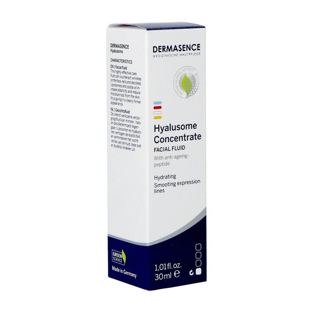 Emballage du produit avec informations. Inscription: Dermasence Hyalusome Concentrate. 30 ml.