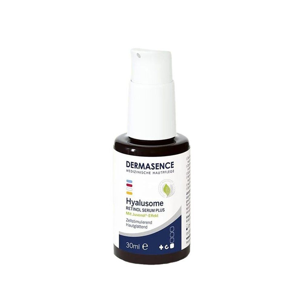 Flacon brun avec pompe blanche. Inscription: Dermasence Hyalusome Retinol Serum Plus. 30ml.