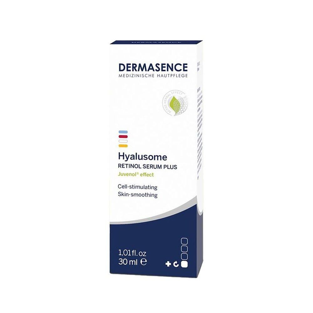 Emballage blanc avec base bleue. Inscription: Dermasence Hyalusome Retinol Serum Plus. 30 ml.