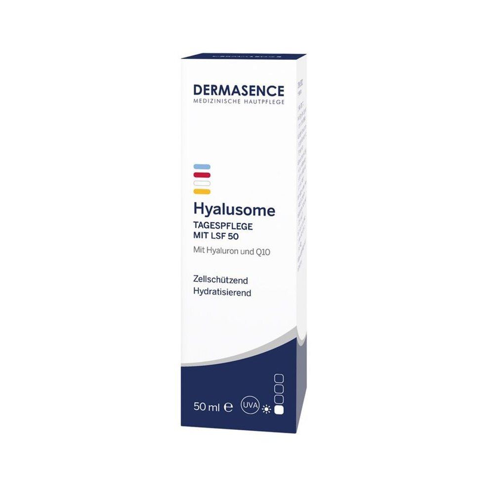 Flacon blanc avec pompe. Inscription Dermasence Hyalusome Crème de Jour SPF 50. 50 ml.