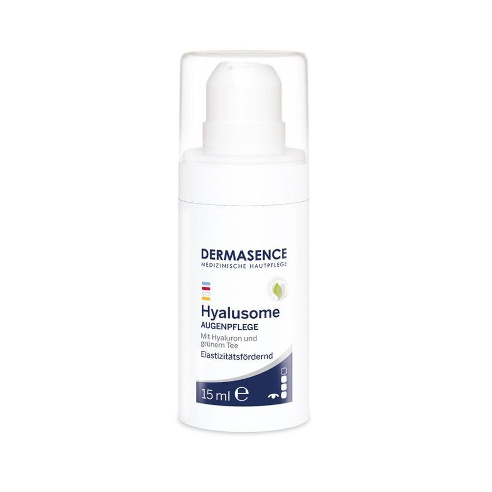 Flacon blanc avec pompe. Inscription: Dermasence Hyalusome Soin Contour des Yeux. 15 ml.