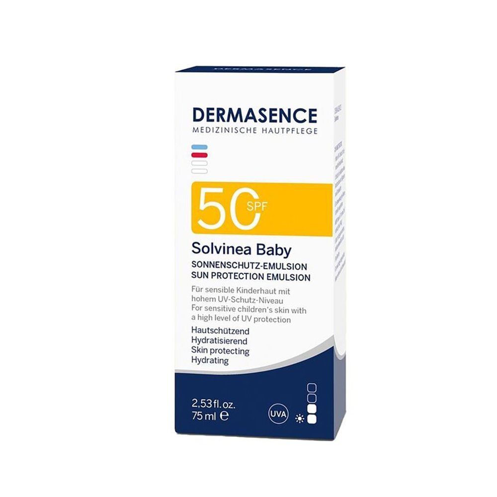 Emballage blanc avec bande jaune. Inscription : Dermasence, Solvinea Baby, 50 SPF, Sonnenschutz-Emulsion. 75 ml.