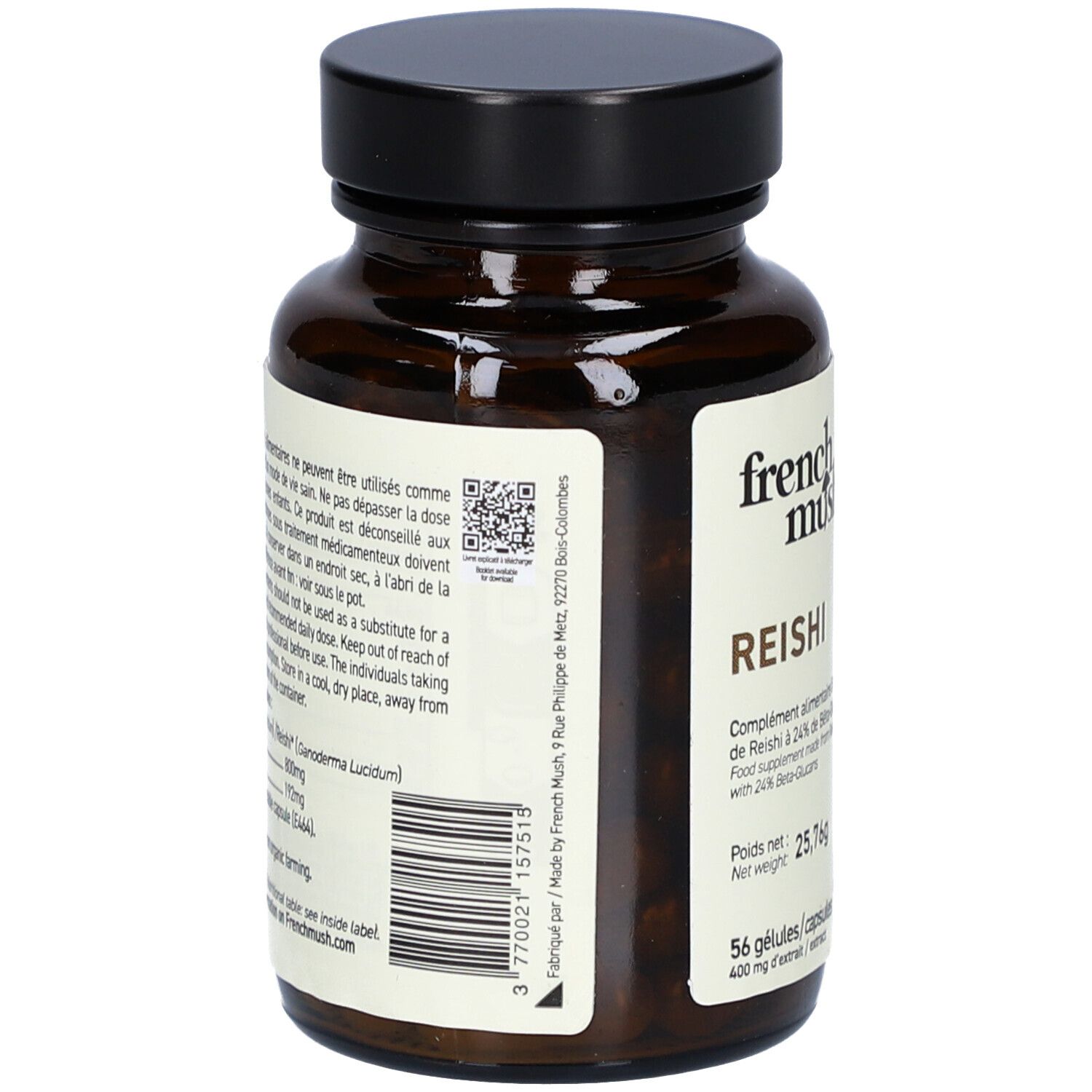 Vue arrière d'un flacon en verre brun avec bouchon noir. Étiquette avec texte et code QR. "French Mush Reishi" visible.