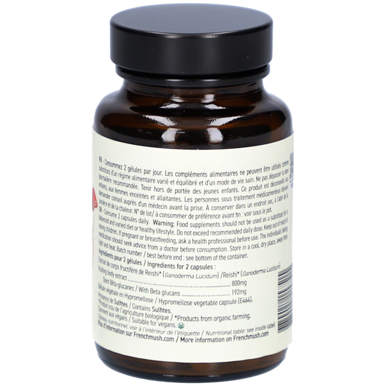 Vue arrière du flacon en verre brun avec bouchon noir. Étiquette avec texte sur les ingrédients et l'utilisation. "French Mush Reishi".
