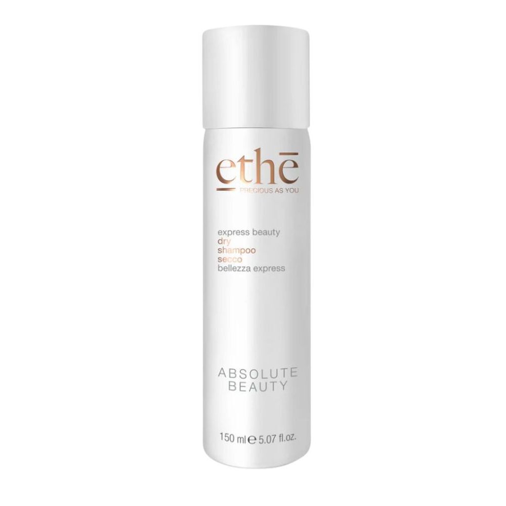 Flacon blanc de shampooing sec Ethe. Inscriptions: express beauty, dry shampoo, 150 ml.