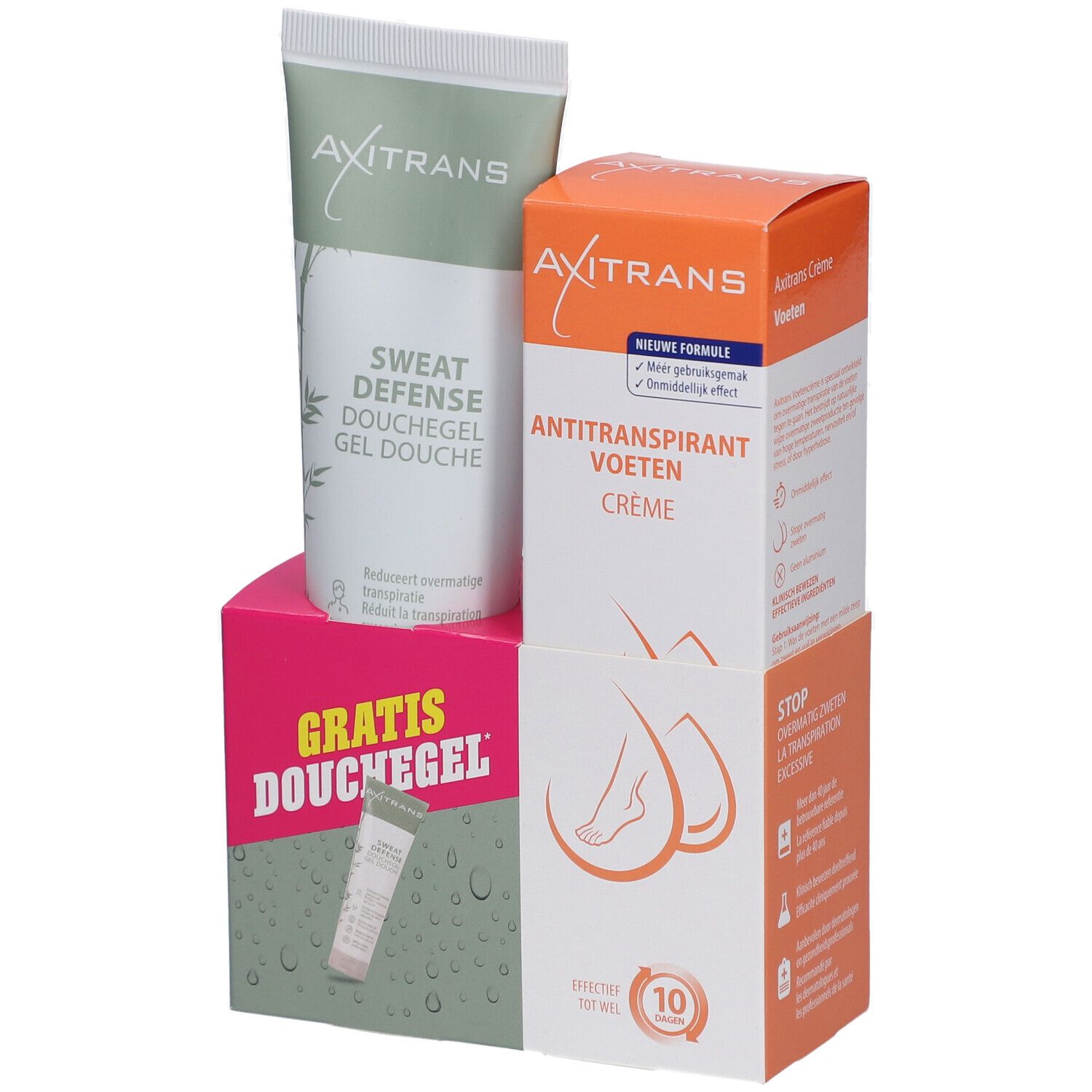Pack d'Axitrans. Contient crème, gel douche et un gel douche gratuit. Emballage avec noms de produits et illustration de pieds.