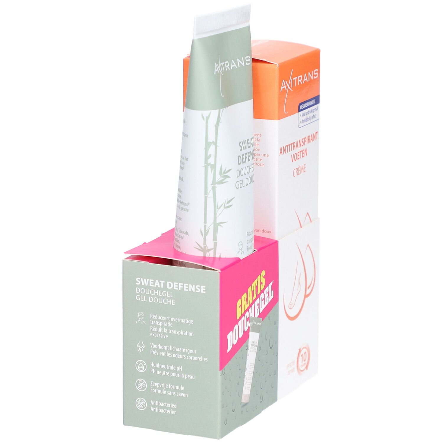 Pack Axitrans. Contient crème, gel douche et gel douche gratuit. Produits partiellement cachés.