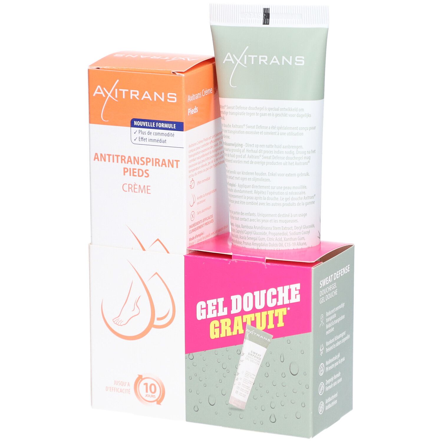 Pack Axitrans. Contient crème, gel douche et gel douche gratuit. Produits partiellement cachés.