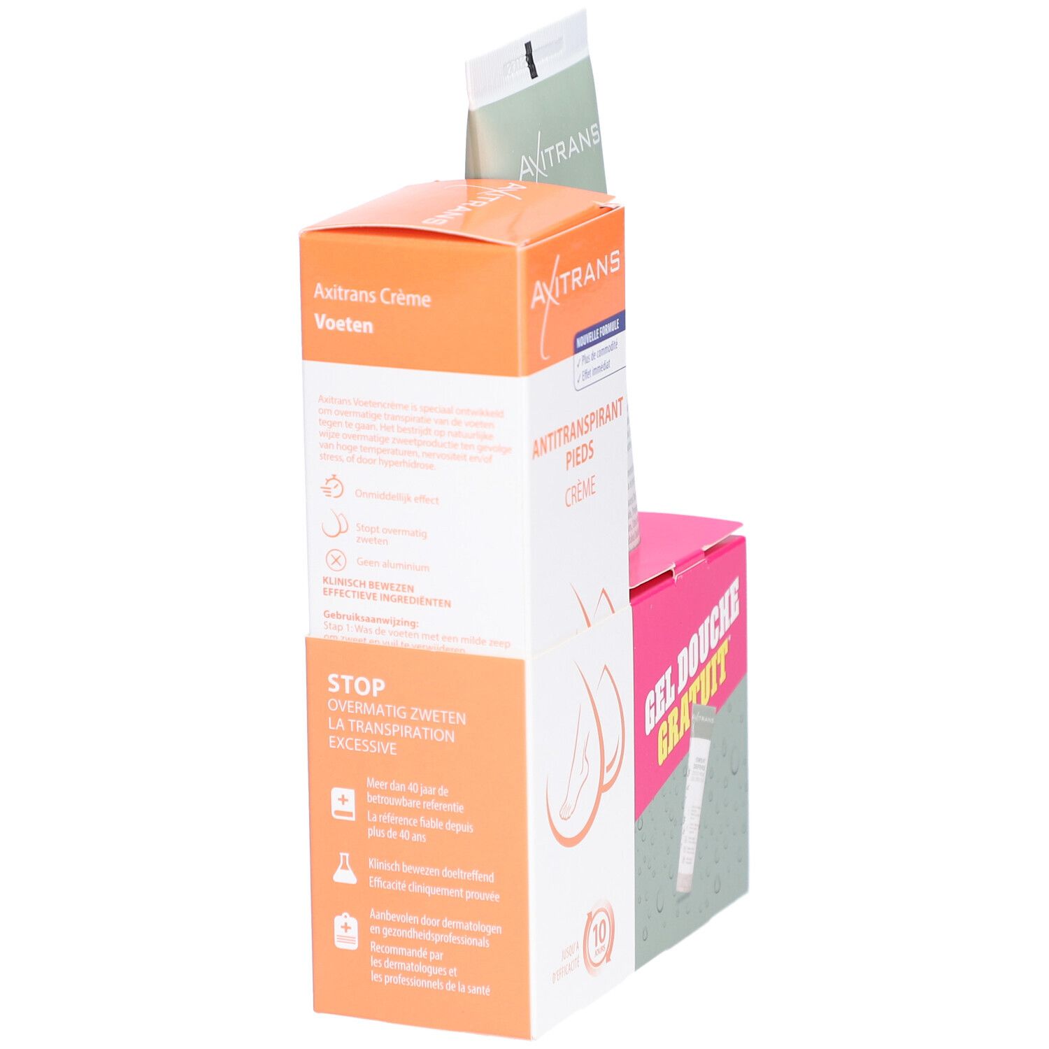 Pack Axitrans. Contient crème, gel douche et gel douche gratuit. Vue latérale de l'emballage.
