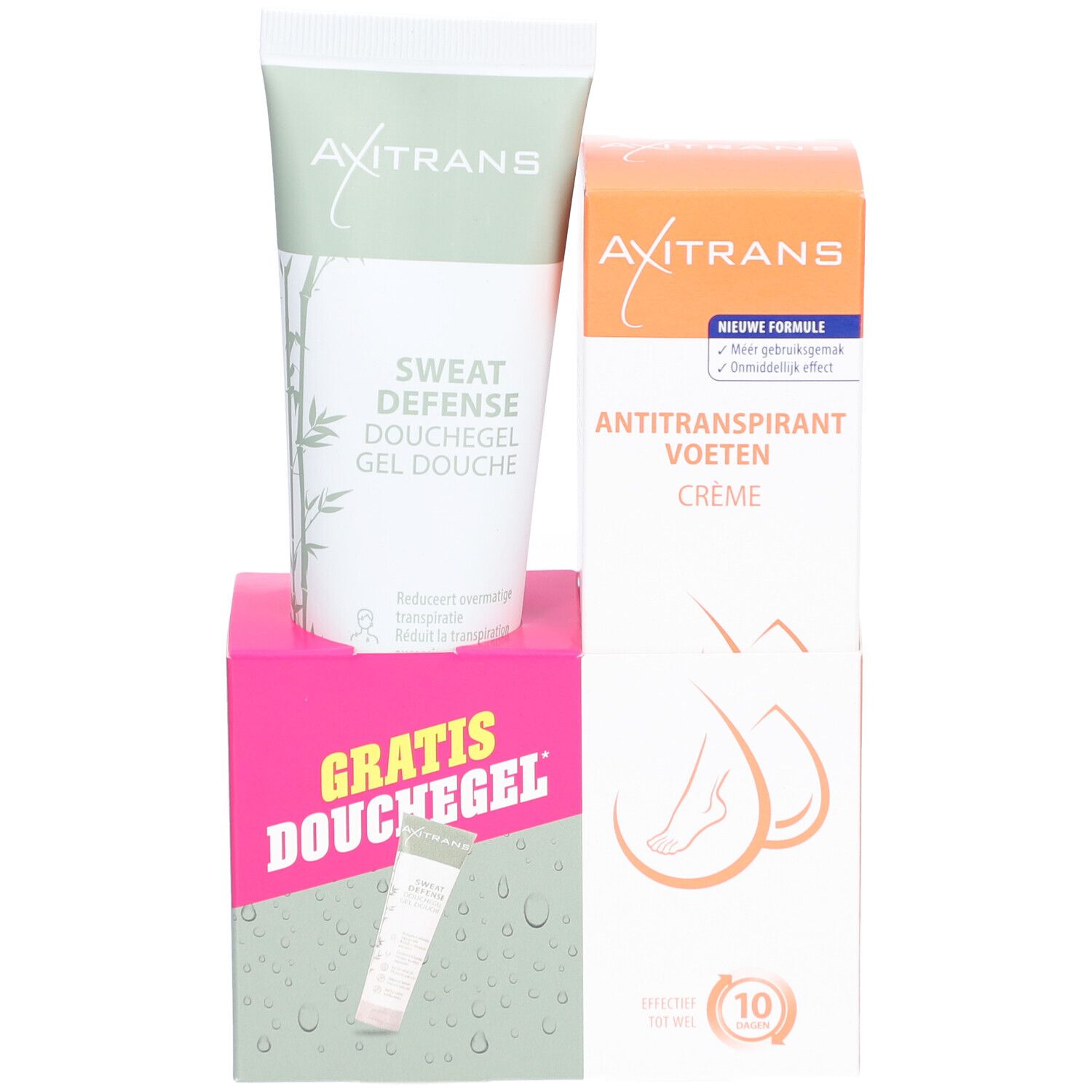 Pack Axitrans. Contient crème, gel douche et gel douche gratuit. Produits partiellement cachés.