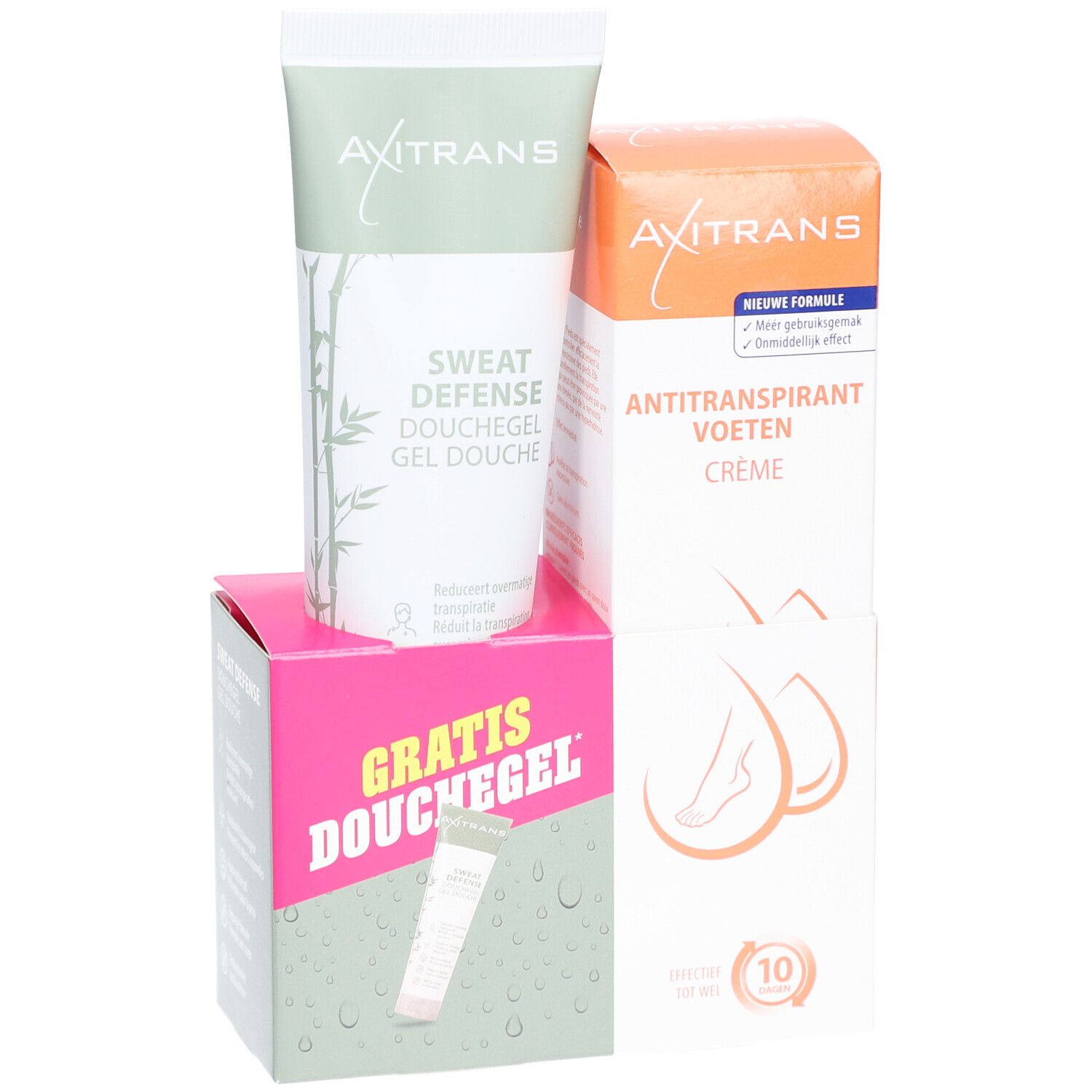 Pack Axitrans. Contient crème, gel douche et gel douche gratuit. Produits partiellement cachés.